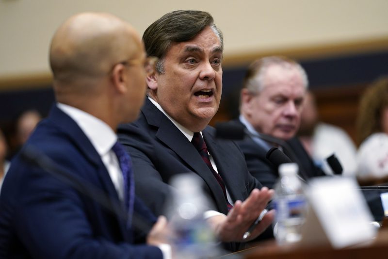 Professor Jonathan Turley with the George Washington University Law Center, testifies ,during a House Judiciary subcommittee hearing on what Republicans say is the politicization of the FBI and Justice Department and attacks on American civil liberties on Capitol Hill, Thursday, Feb. 9, 2023, in Washington. (AP Photo/Carolyn Kaster)