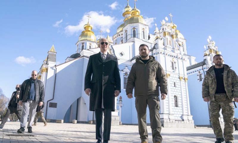 President Joe Biden walks with Ukrainian President Volodymyr Zelenskyy at St. Michael's Golden-Domed Cathedral on a surprise visit, Monday, Feb. 20, 2023, in Kyiv. (AP Photo/ Evan Vucci)