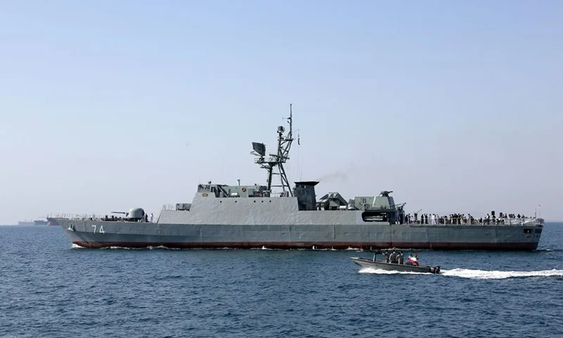 An Iranian Navy warship takes part in the "National Persian Gulf day" in the Strait of Hormuz, on April 30, 2019. (Photo credit should read ATTA KENARE/AFP via Getty Images)