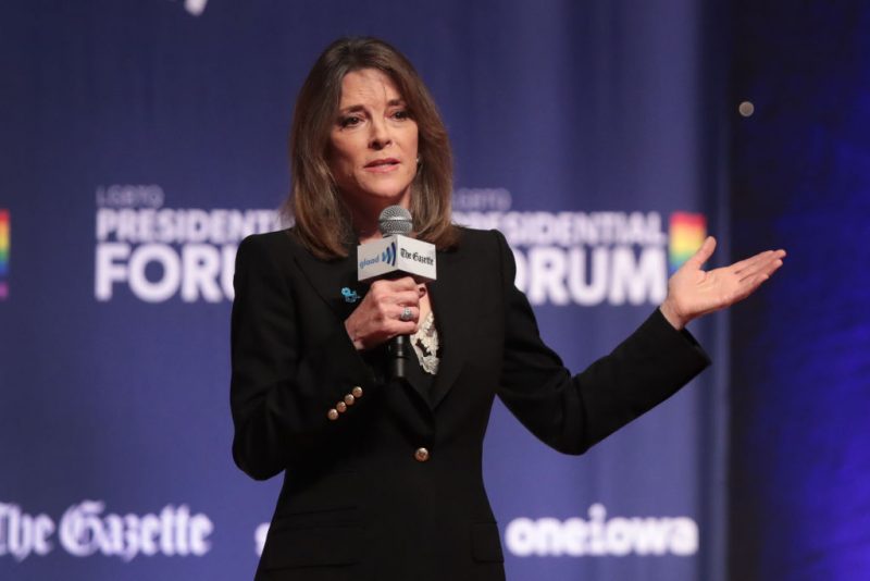 Democratic presidential candidate and self-help author Marianne Williamson speaks at a LGBTQ presidential forum at Coe College’s Sinclair Auditorium on September 20, 2019 in Cedar Rapids, Iowa. The event is the first public event of the 2020 election cycle to focus entirely on LGBTQ issues. (Photo by Scott Olson/Getty Images) (Photo by Scott Olson/Getty Images)
