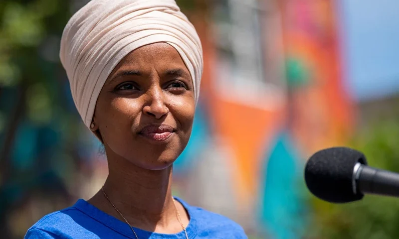 Rep. Ilhan Omar (D-MN) speaks with media gathered outside Mercado Central on August 11, 2020 in Minneapolis, Minnesota.