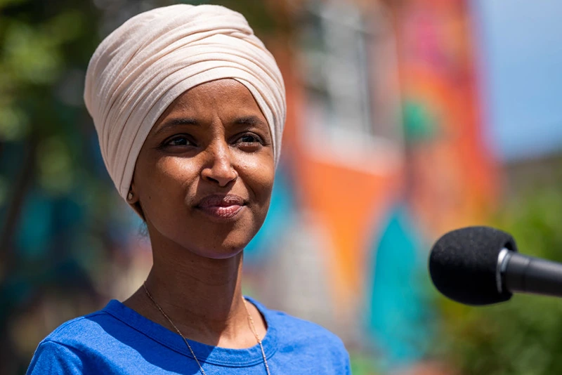 Rep. Ilhan Omar (D-MN) speaks with media gathered outside Mercado Central on August 11, 2020 in Minneapolis, Minnesota. 