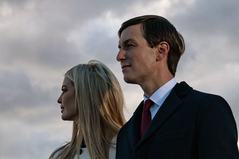 Daughter and Senior Advisor to the Outgoing US President Ivanka Trump and husband Senior Advisor to the Outgoing President Jared Kushner stand on the tarmac at Joint Base Andrews in Maryland as they attend US President Donald Trump's departure on January 20, 2021. - President Trump and the First Lady travel to their Mar-a-Lago golf club residence in Palm Beach, Florida, and will not attend the inauguration for President-elect Joe Biden. (Photo by ALEX EDELMAN / AFP) (Photo by ALEX EDELMAN/AFP via Getty Images)