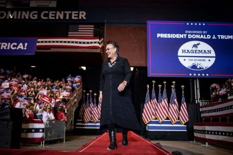 Wyoming candidate for Governor Harriet Hageman walks on stage to introduce former President Donald Trump at a rally on May 28, 2022 in Casper, Wyoming. The rally is being held to support Harriet Hageman, Rep. Liz Cheney’s primary challenger in Wyoming. (Photo by Chet Strange/Getty Images)