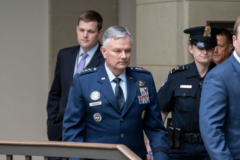 General Glen VanHerck, Commander of U.S. Northern Command and North American Aerospace Defense Command, arrives for a closed-door briefing for Senators about the Chinese spy balloon at the U.S. Capitol February 9, 2023 in Washington, DC. Military and administration officials are briefing both houses of Congress today about the U.S. response to China's use of a spy balloon in American airspace. (Photo by Drew Angerer/Getty Images)
