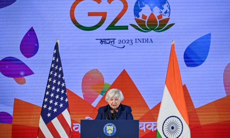 United States' Secretary of Treasury, Janet Yellen addresses the media during a news conference on the second day of the second meeting of the G20 Finance and Central Bank Deputies under Indias G20 Presidency in Bengaluru on February 23, 2023. (Photo by Manjunath KIRAN / AFP) (Photo by MANJUNATH KIRAN/AFP via Getty Images)