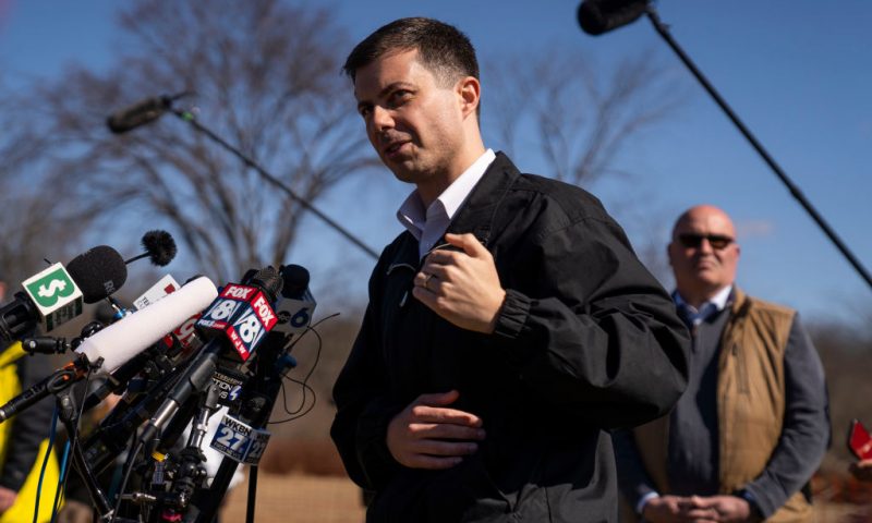 U.S. Transportation Secretary Pete Buttigieg delivers remarks to the press as he visited the site of the Norfolk Southern train derailment on February 23, 2023 in East Palestine, Ohio. On February 3rd, a Norfolk Southern Railways train carrying toxic chemicals derailed causing an environmental disaster. Thousands of residents were ordered to evacuate after the area was placed under a state of emergency and temporary evacuation orders. (Photo by Michael Swensen/Getty Images)