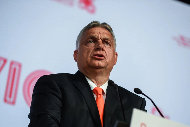 The Prime Minister of Hungary, Viktor Orban speaks at the press conference during a Heads of State meeting of the Visegrad group at International Congress Center on June 30, 2021 in Katowice, Poland.(Photo by Omar Marques/Getty Images)