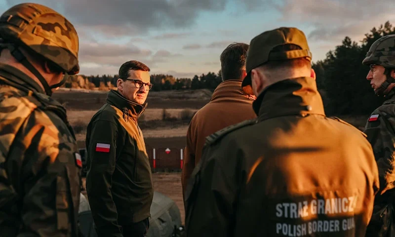 In this handout image provided by the Polish Ministry Of Defence, Polish Prime Minister Mateusz Morawiecki speaks with border army units at the Belarusian-Polish border as migrants gather on the border on November 09, 2021 in Kuznica, Poland. The situation on the border between Poland and Belarus continues to intensify, as hundreds of migrants arrive at the Polish border to join the EU. (Photo by Polish Ministry Of Defence via Getty Images)