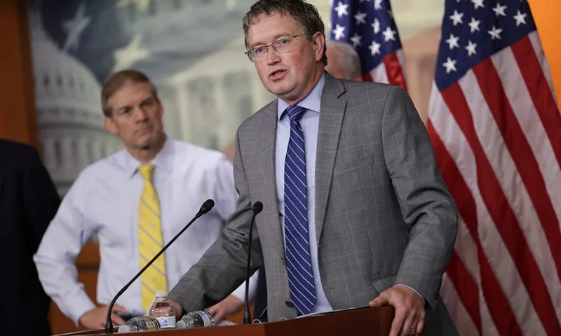 U.S. Rep. Thomas Massie (R-KY), joined by Rep. Jim Jordan (R-OH), speaks at a House Second Amendment Caucus press conference at the U.S. Capitol on June 08, 2022 in Washington, DC. The lawmakers said the recent gun control legislation proposed by Democrats infringe on Constitution rights and will not work to curb gun violence. (Photo by Kevin Dietsch/Getty Images)