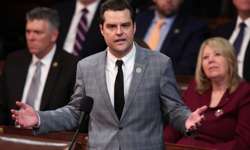 WASHINGTON, DC - JANUARY 06: U.S. Rep.-elect Matt Gaetz (R-FL) delivers remarks in the House Chamber during the fourth day of elections for Speaker of the House at the U.S. Capitol Building on January 06, 2023 in Washington, DC. The House of Representatives is meeting to vote for the next Speaker after House Republican Leader Kevin McCarthy (R-CA) failed to earn more than 218 votes on several ballots; the first time in 100 years that the Speaker was not elected on the first ballot. (Photo by Win McNamee/Getty Images)