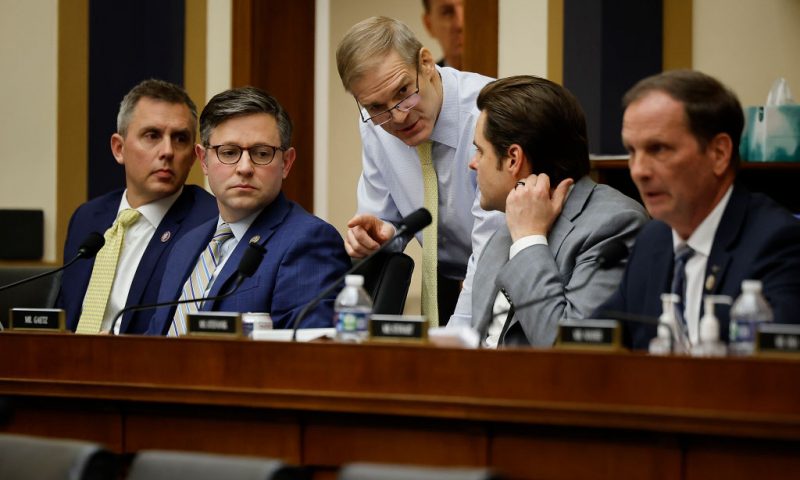 House Judiciary Committee Chairman Jim Jordan (R-OH) (C) talks with fellow Weaponization of the Federal Government Subcommittee (L-R) Rep. Kelly Armstrong (R-ND), Rep. Mike Johnson (R-LA), Rep. Matt Gaetz (R-FL) and Rep. Chris Stewart (R-UT) during their first hearing in the Rayburn House Office Building on Capitol Hill on February 09, 2023 in Washington, DC. This was the first hearing of the new subcommittee, created by a sharply divided Congress to scrutinize what Republican members have charged is an effort by the federal government to target and silence conservatives. (Photo by Chip Somodevilla/Getty Images)