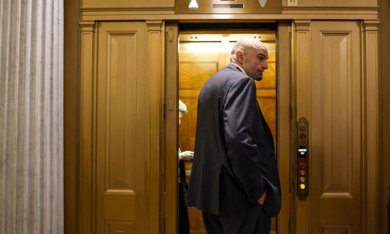 Sen. John Fetterman (D-PA) departs from the Senate Chambers during a series of the votes at the U.S. Capitol Building on February 13, 2023 in Washington, DC. Officials announced over the weekend that for the fourth time in two weeks U.S. forces had shot down a high flying object in North American airspace. (Photo by Anna Moneymaker/Getty Images)