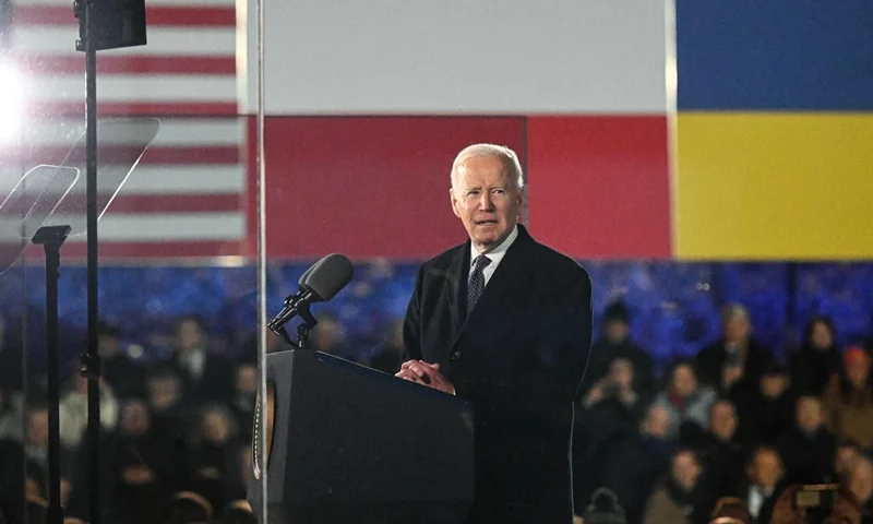 The US President, Joe Biden delivers a speech at the Royal Castle Arcades on February 21, 2023 in Warsaw, Poland. The US President is in Warsaw for his second visit to the country in less than a year. It comes after his surprise trip to Kyiv on February 20 to reinforce US support for Ukraine almost a year after Russia's large-scale invasion. (Photo by Omar Marques/Getty Images)