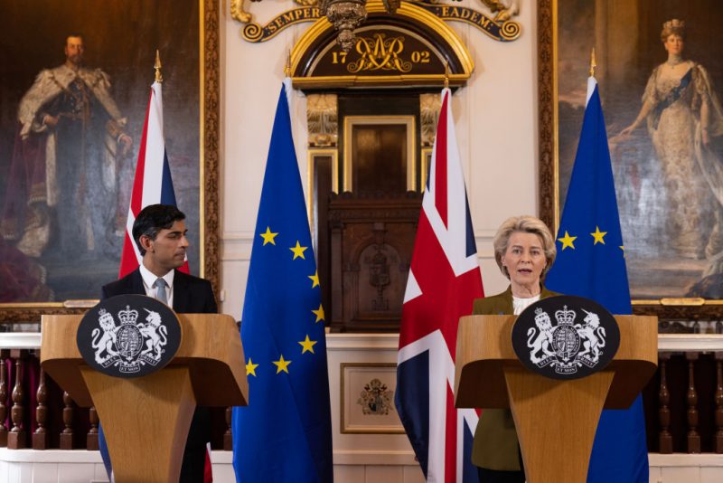 UK Prime Minister Rishi Sunak and EU Commission President Ursula von der Leyen hold a press conference at Windsor Guildhall on February 27, 2023 in Windsor, England. EU President Ursula Von Der Leyen travelled to the UK today to meet UK Prime Minister Rishi Sunak to sign off on the agreement on the post-Brexit trade arrangements for Northern Ireland. They agreed yesterday to continue their work in person towards shared, practical solutions for the range of complex challenges around the Protocol on Ireland and Northern Ireland. (Photo by Dan Kitwood/Getty Images)