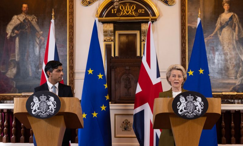 UK Prime Minister Rishi Sunak and EU Commission President Ursula von der Leyen hold a press conference at Windsor Guildhall on February 27, 2023 in Windsor, England. EU President Ursula Von Der Leyen travelled to the UK today to meet UK Prime Minister Rishi Sunak to sign off on the agreement on the post-Brexit trade arrangements for Northern Ireland. They agreed yesterday to continue their work in person towards shared, practical solutions for the range of complex challenges around the Protocol on Ireland and Northern Ireland. (Photo by Dan Kitwood/Getty Images)