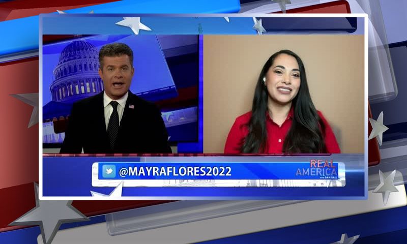 Video still from Mayra Flores' interview with Real America on One America News Network