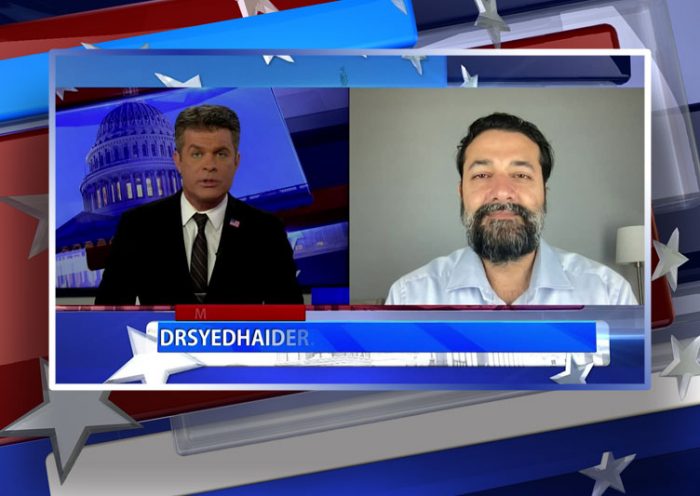 Video still from Dr. Syed Haider's interview with Real America on One America News Network