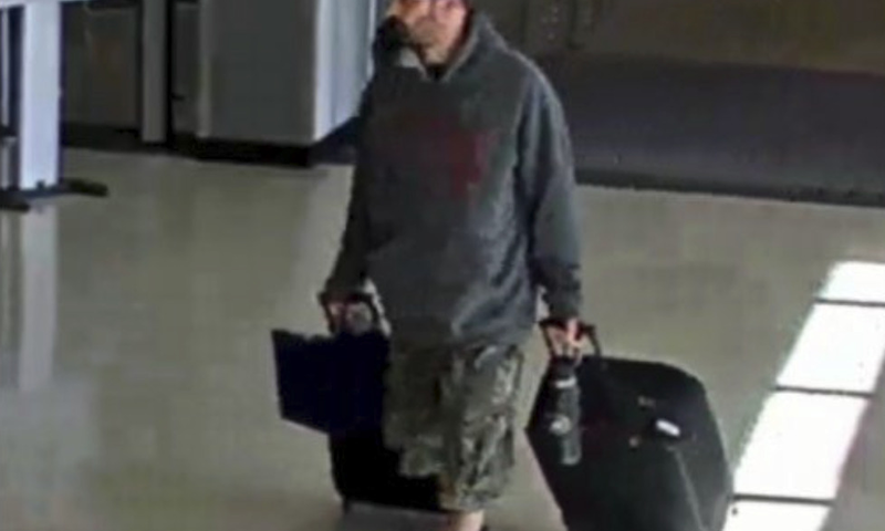 This airport surveillance camera image released in an FBI affidavit shows alleged suspect Marc Muffley at Lehigh Valley International Airport in Allenstown, Pa. on Monday, Feb. 27, 2023. Muffley was arrested Monday after an explosive was found in a bag checked onto a Florida-bound flight, federal authorities said. (FBI via AP)