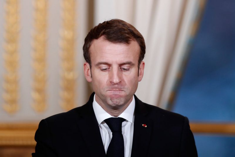 French President Emmanuel Macron reacts during a joint press conference with President of Burkina Faso at the Elysee Palace in Paris, on December 17, 2018, following their meeting. (Photo by BENOIT TESSIER / POOL / AFP) (Photo by BENOIT TESSIER/POOL/AFP via Getty Images)
