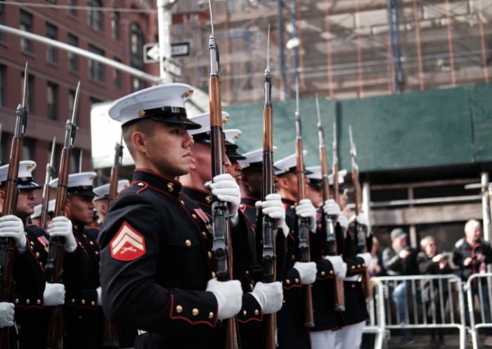 NEW YORK, NEW YORK - NOVEMBER 11: U.S. Marines march in the Veterans Day Parade on November 11, 2019 in New York City. President Donald Trump, the first sitting U.S. president to attend New York's parade, offered a tribute to veterans ahead of the 100th annual parade which draws thousands of vets and spectators from around the country and world. (Photo by Spencer Platt/Getty Images)
