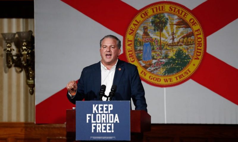 ORLANDO, FL - NOVEMBER 07: Florida Chief Financial Officer Jimmy Patronis speaks before introducing Florida Gov. Ron DeSantis during a rally for Florida Republicans at the Cheyenne Saloon on November 7, 2022 in Orlando, Florida. DeSantis faces former Democratic Gov. Charlie Crist in tomorrow's general election. (Photo by Octavio Jones/Getty Images)