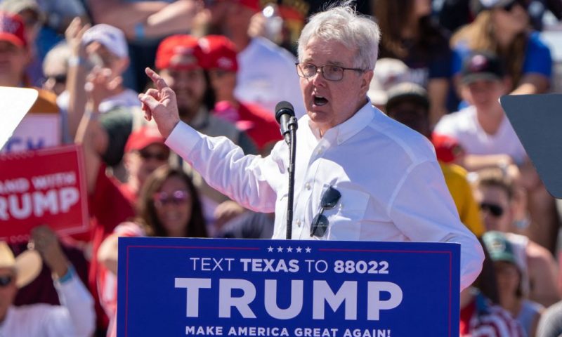 Texas Lieutenant Governor Dan Patrick speaks at a 2024 campaign rally for former US President Donald Trump in Waco, Texas, March 25, 2023. - Trump held the rally at the site of the deadly 1993 standoff between an anti-government cult and federal agents. (Photo by SUZANNE CORDEIRO / AFP) (Photo by SUZANNE CORDEIRO/AFP via Getty Images)