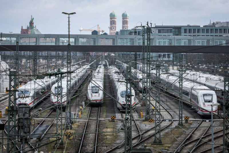Trains stand on storage sidings between Munich main railway station and Donnersbergerbrücke station during a nationwide strike on March 27, 2023 in Munich, Germany. Air travel and long distance rail service have mostly been shut down across Germany today. Labour unions representing over two million public sector employees are pushing for steep wage hikes due to the current high level of inflation. (Photo by Leonhard Simon/Getty Images)