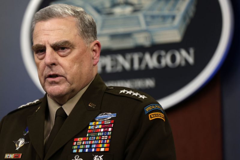 Chairman of the Joint Chiefs of Staff Army General Mark Milley participates in a news briefing at the Pentagon August 18, 2021 in Arlington, Virginia. U.S. Secretary of Defense Lloyd Austin and General Milley held a news briefing to discuss the current situation in Afghanistan after the Taliban took control of the country. (Photo by Alex Wong/Getty Images)