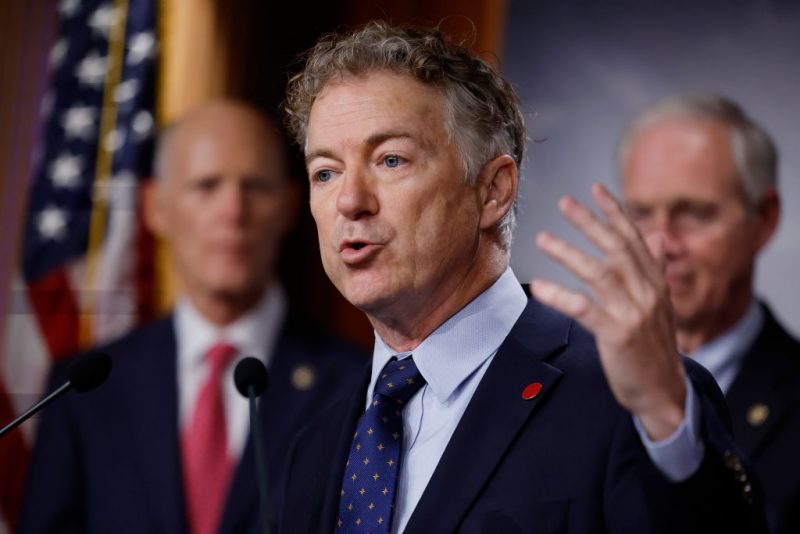 Sen. Rand Paul (R-KY) speaks against the federal omnibus spending legislation for FY 2023 that at a news conference with Sen. Rick Scott (R-FL) (L) and Sen. Ron Johnson (R-WI) at the U.S. Capitol on December 20, 2022 in Washington, DC. The Republican Senators oppose the bipartisan spending bill that was announced early that morning and have promised to introduce amendments, including stripping out earmarks. (Photo by Chip Somodevilla/Getty Images)