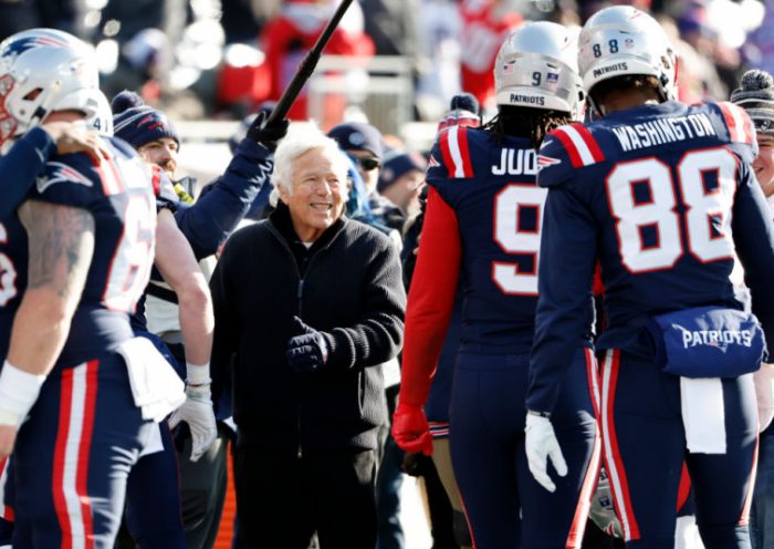 FOXBOROUGH, MASSACHUSETTS - DECEMBER 24: New England Patriots owner Robert Kraft greets players during pregame against the Cincinnati Bengals at Gillette Stadium on December 24, 2022 in Foxborough, Massachusetts. (Photo by Winslow Townson/Getty Images)