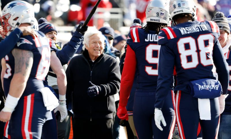 FOXBOROUGH, MASSACHUSETTS - DECEMBER 24: New England Patriots owner Robert Kraft greets players during pregame against the Cincinnati Bengals at Gillette Stadium on December 24, 2022 in Foxborough, Massachusetts. (Photo by Winslow Townson/Getty Images)