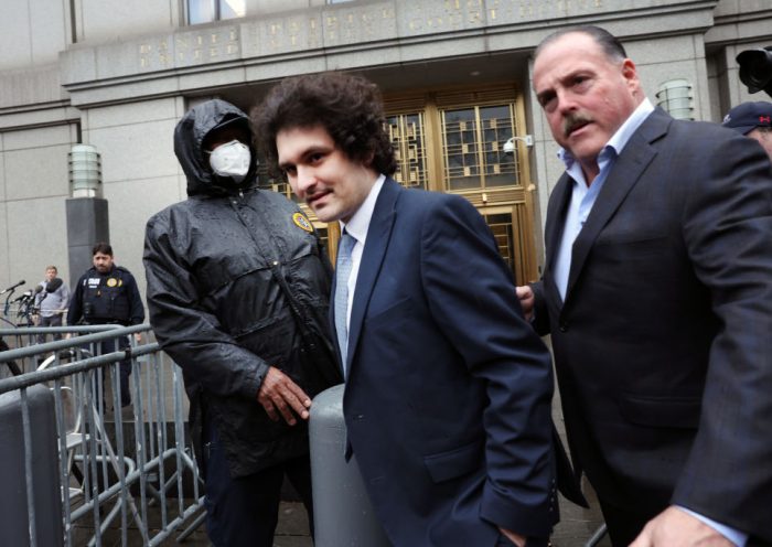 NEW YORK, NEW YORK - FEBRUARY 16: FTX Founder Sam Bankman-Fried exits a Manhattan Federal Court for a court appearance on February 16, 2023 in New York City. Bankman-Fried is charged with eight criminal counts of fraud, conspiracy, and money-laundering offenses which include making illegal political contributions. (Photo by Spencer Platt/Getty Images)