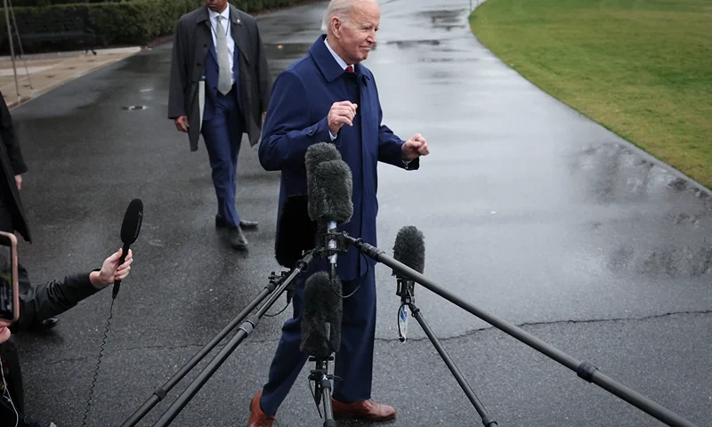 U.S. President Joe Biden speaks to reporters as he departs the White House March 3, 2023 in Washington, DC. Biden is scheduled to travel to his home in Wilmington, Delaware today. (Photo by Win McNamee/Getty Images)