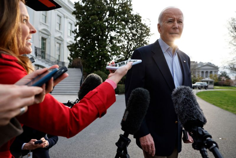 U.S. President Joe Biden declines to comment after reporters question him about the criminal indictment of former President Donald Trump as Biden departs the White House on March 31, 2023 in Washington, DC. Biden and first lady Jill Biden are traveling to Rolling Fork, Mississippi, to tour the community that was devastated by a tornado last week. (Photo by Chip Somodevilla/Getty Images)