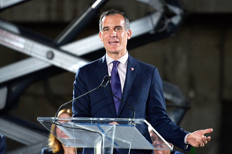 LOS ANGELES, CA - SEPTEMBER 27: Mayor of Los Angeles Eric Garcetti speaks onstage during the Academy Museum of Motion Pictures press briefing and site tour at Academy Museum of Motion Pictures on September 27, 2017 in Los Angeles, California. (Photo by Matt Winkelmeyer/Getty Images)