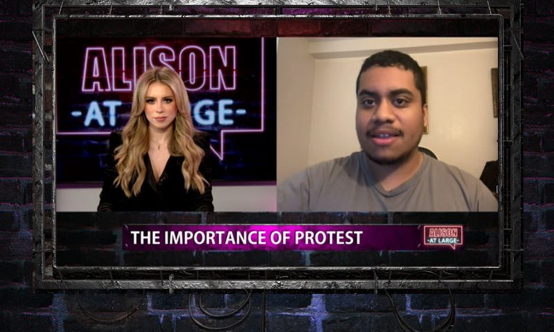 Video still from Jose Vega's interview with Alison at Large on One America News Network