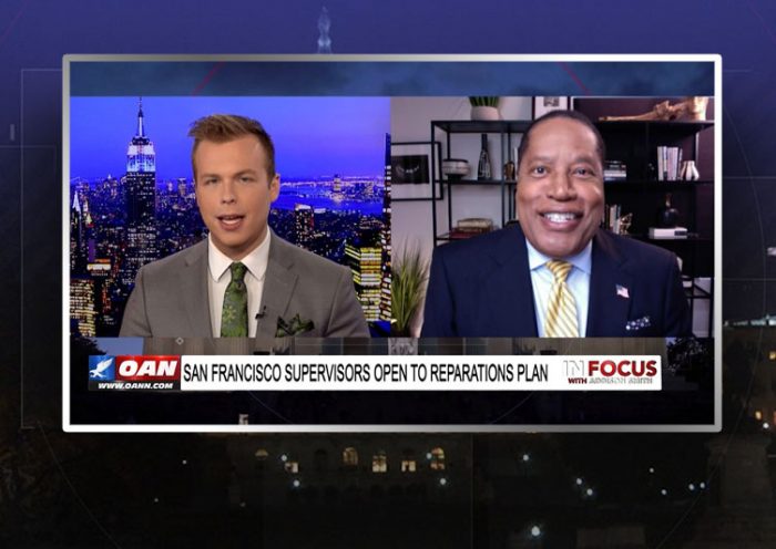 Video still from Larry Elder's interview with In Focus on One America News Network