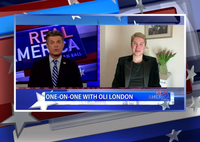 Video still from Oli London's interview with Real America on One America News Network