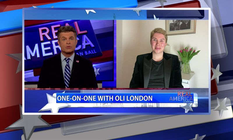 Video still from Oli London's interview with Real America on One America News Network