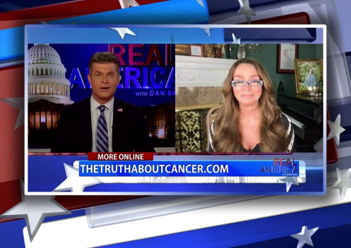 Video still from Charlene Bollinger's interview with Real America on One America News Network