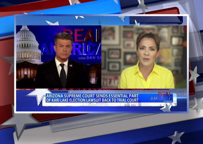Video still from Kari Lake's interview with Real America on One America News Network