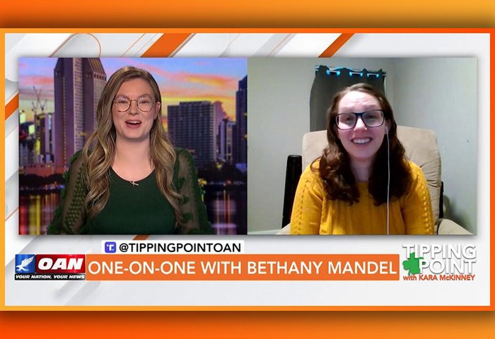 Video still from Bethany Mandel's interview with Tipping Point on One America News Network