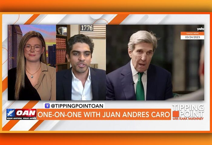 Video still from Juan Andres Caro's interview with Tipping Point on One America News Network