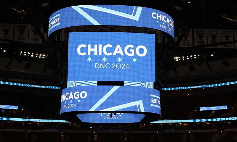 CHICAGO, ILLINOIS - APRIL 12: Branding for the Democratic National Convention is displayed on the scoreboard at the United Center on April 11, 2023 in Chicago, Illinois. Chicago will be the host city for the convention in 2024 which will be held at the United Center. (Photo by Scott Olson/Getty Images)