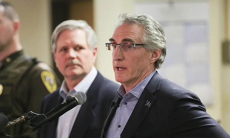 CANNON BALL, ND - FEBRUARY 22: North Dakota Governor Doug Burgum holds a press conference announcing plans for the clean up of the Oceti Sakowin protest camp on February 22, 2017 in Mandan, North Dakota. Protesters and campers against the DAPL pipeline, at times numbering in the thousands, are now down to under a hundred. (Photo by Stephen Yang/Getty Images)