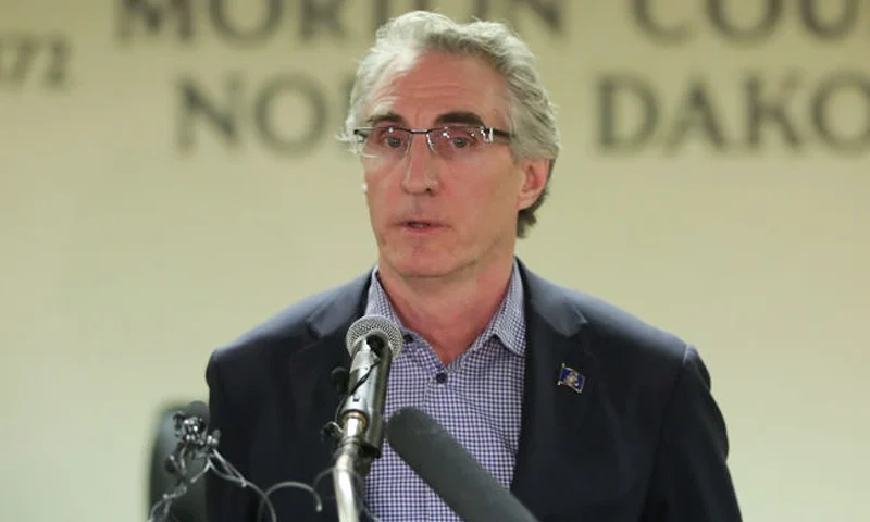 North Dakota Governor Doug Burgum speaks during a press conference announcing plans for the clean up of the Oceti Sakowin protest camp on February 22, 2017 in Mandan, North Dakota. Protesters and campers against the DAPL pipeline, at times numbering in the thousands, are now down to under a hundred. (Photo by Stephen Yang/Getty Images)