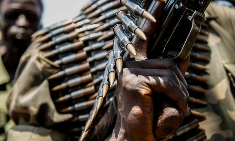 TOPSHOT - Rebels of the Sudan People's Liberation Movement-in-Opposition (SPLM-IO), a South Sudanese anti-government force, hold ammunitions which they say were confiscated from government forces during fighting as they take part in a military exercise on September 22, 2018, at their base in Panyume, South Sudan, near the border with Uganda. - Despite a peace deal being signed by the President of South Sudan, Salva Kiir, and opposition leader Riek Machar on September 12, conflict in Central Equatoria continues as both warring parties fight for control. (Photo by SUMY SADURNI / AFP) (Photo by SUMY SADURNI/AFP via Getty Images)