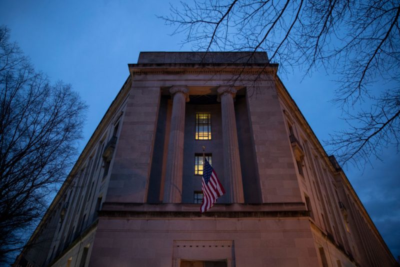 The Department of Justice stands in the early hours of Friday morning, March 22, 2019 in Washington, DC. It is expected that Robert Mueller will soon complete his investigation into Russian interference in the 2016 presidential election and release his report. (Photo by Drew Angerer/Getty Images)
