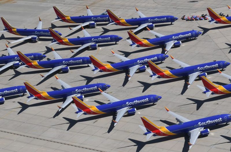 Southwest Airlines Boeing 737 MAX aircraft are parked on the tarmac after being grounded, at the Southern California Logistics Airport in Victorville, California on March 28, 2019. - After two fatal crashes in five months, Boeing is trying hard -- very hard -- to present itself as unfazed by the crisis that surrounds the company. The company's sprawling factory in Renton, Washington is a hive of activity on this sunny Wednesday, March 28, 2019, during a tightly-managed media tour as Boeing tries to communicate confidence that it has nothing to hide. Boeing gathered hundreds of pilots and reporters to unveil the changes to the MCAS stall prevention system, which has been implicated in the crashes in Ethiopia and Indonesia, as part of a charm offensive to restore the company's reputation. (Photo by Mark RALSTON / AFP) (Photo credit should read MARK RALSTON/AFP via Getty Images)